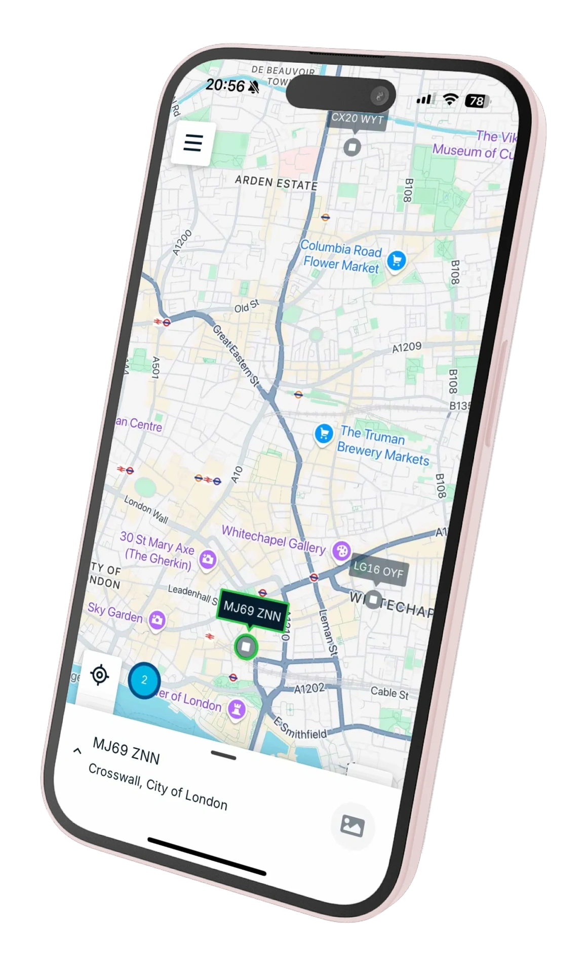 GRS mobile app showing live van locations on a city map.
