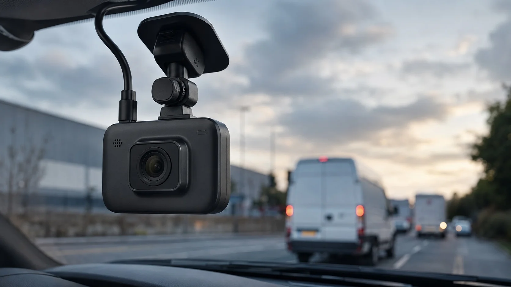 GRS fleet dashcam mounted behind a van rear-view mirror with traffic ahead at dusk.