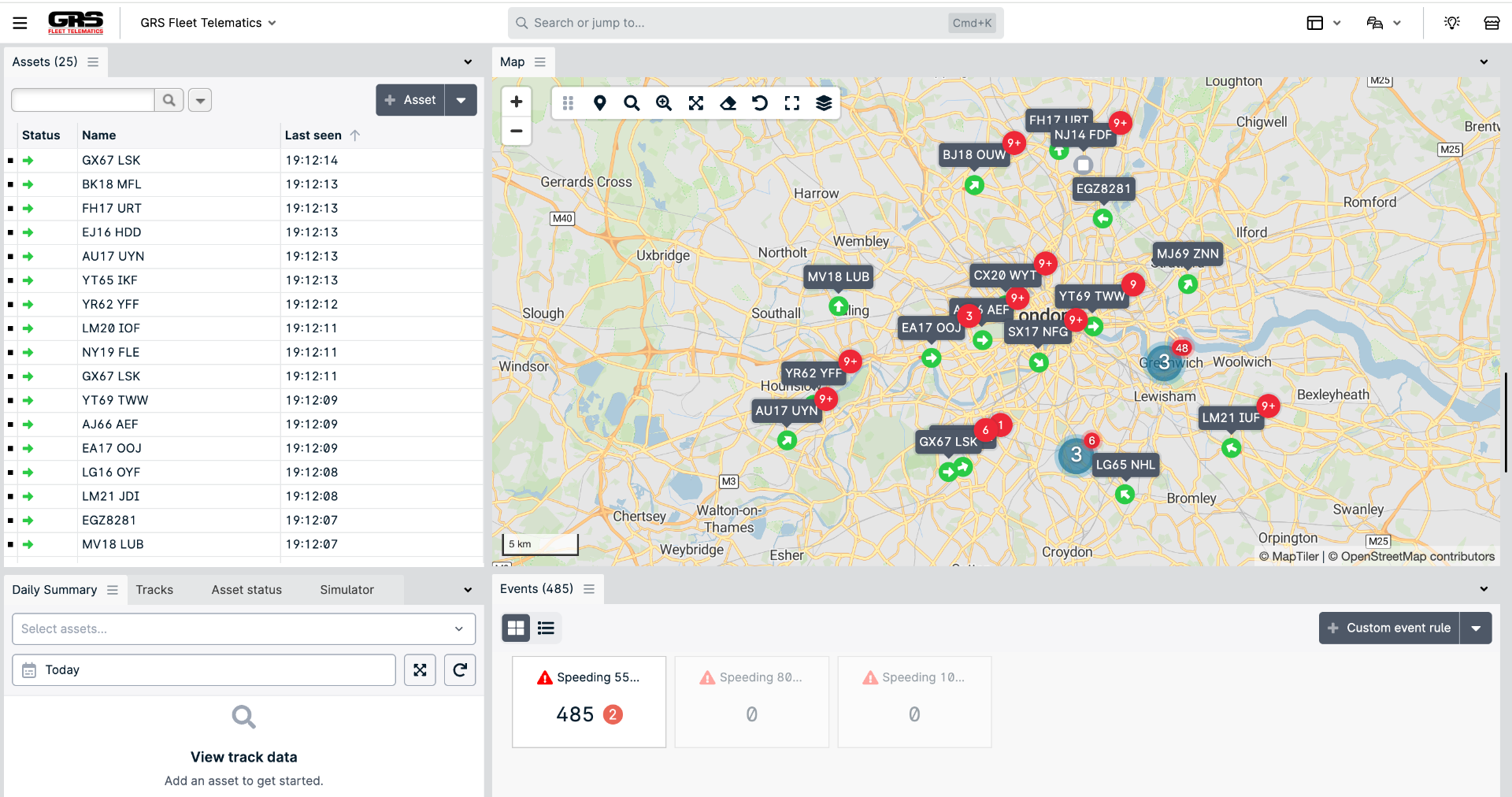 GRS fleet tracking platform showing a live map of vehicles, the vehicle list and alerts.