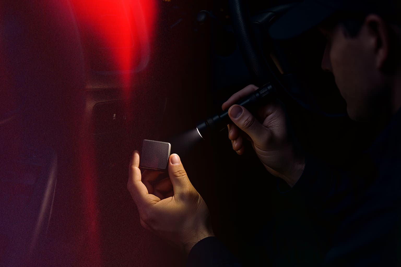 Installer holding a small covert vehicle tracker with a torch inside a vehicle at night.