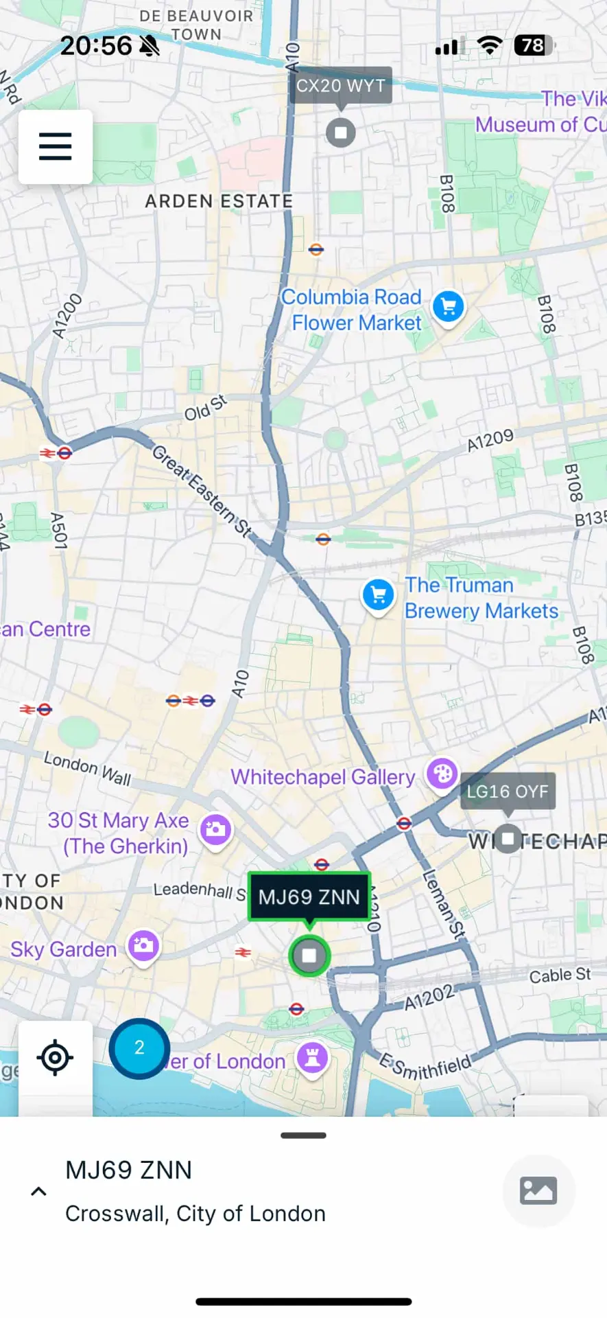 GRS mobile tracking app showing real-time vehicle location in London
