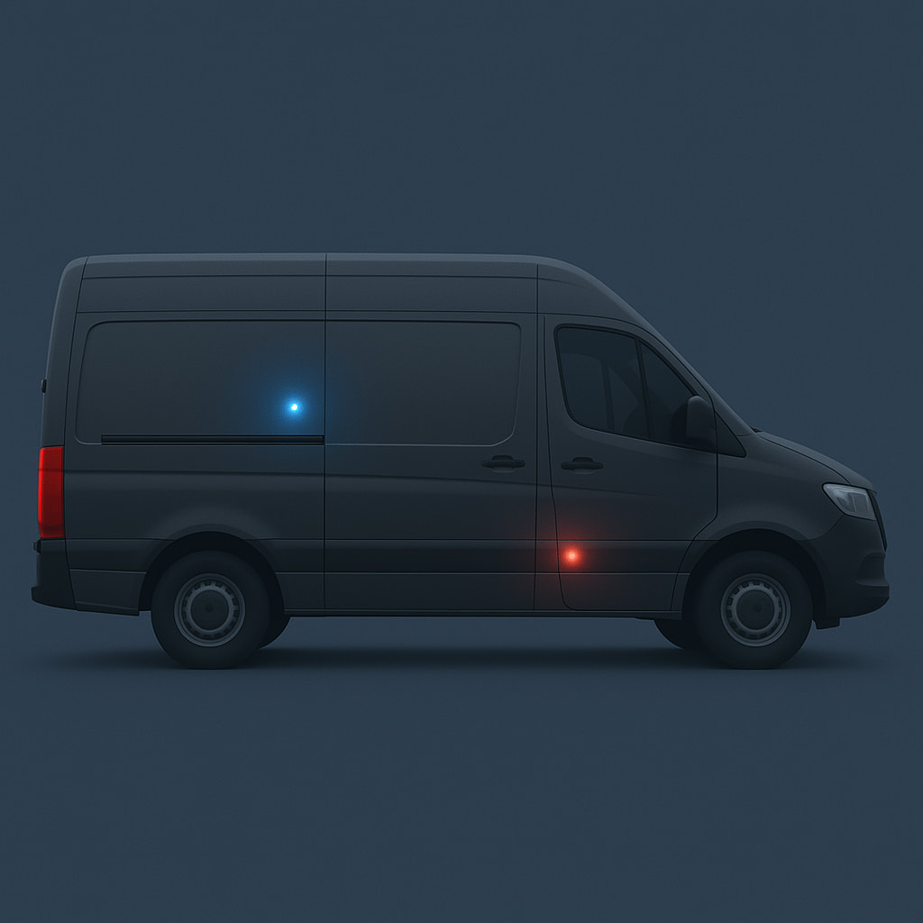 GRS Fleet Telematics dual-tracker security system showing primary and backup tracker locations